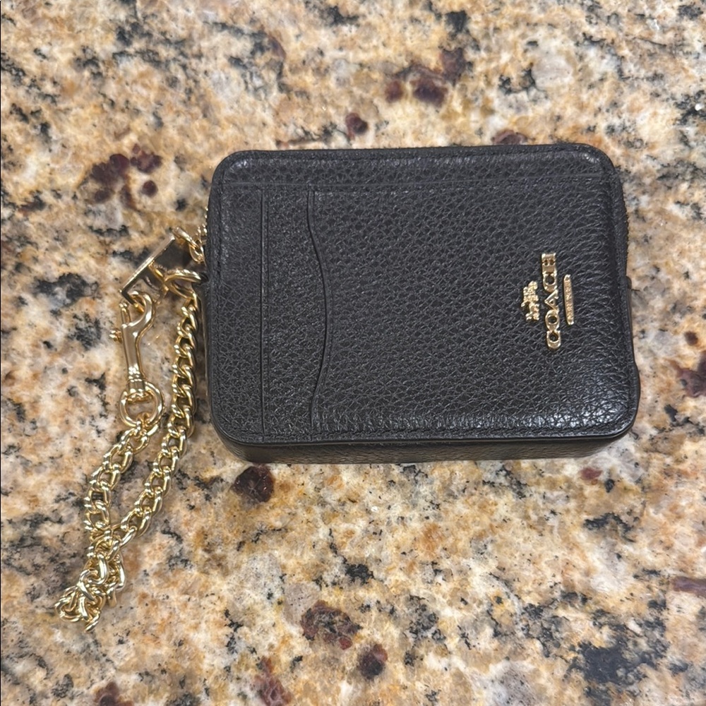 Coach Black Card Holder with Gold Chain